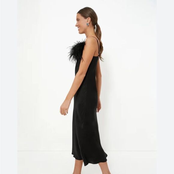 NWT SLEEPER Boheme Feather-trimmed Slip Dress in Ecovero Black $350 - Picture 4 of 9